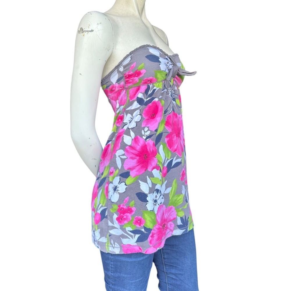 Y2K Hollister Pink & Green Tropical Floral Babydoll Tube Top Cottage Size XS - Picture 4 of 9